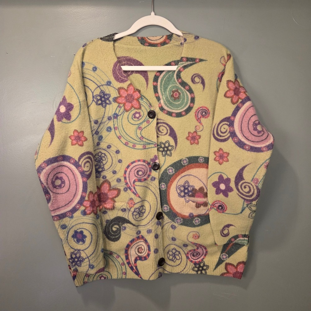 Women's Boho Paisley Floral Print Cardigan Cotton & Wool Blend, Green & Multi